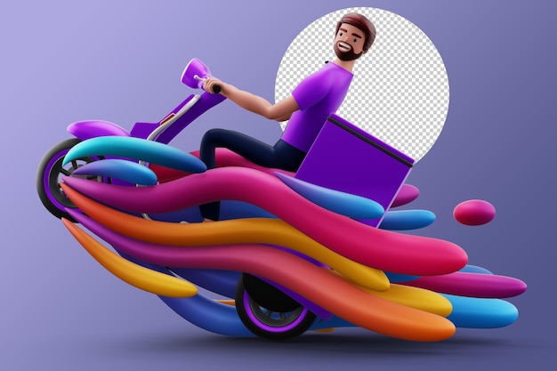 PSD entregador andando de moto com caixa de entrega e renderização 3d de vento colorido