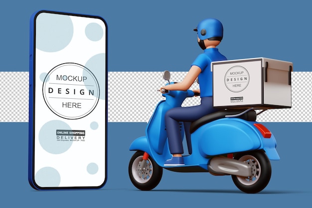 PSD entregador andando de moto com caixa de entrega e um grande telefone em renderização 3d