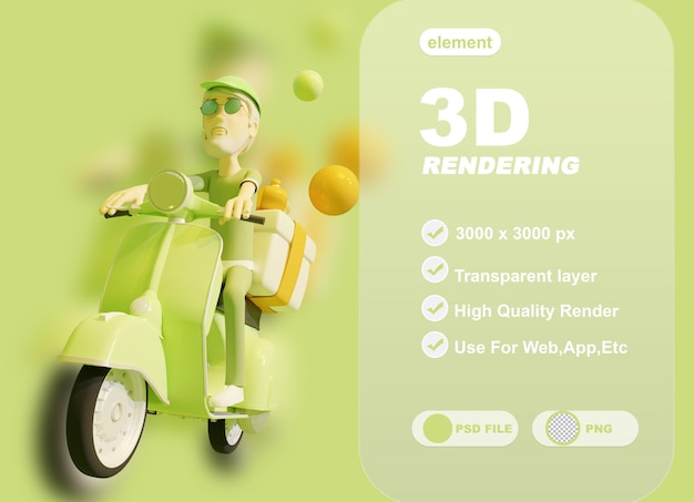 Entregador andando de moto com caixa de entrega em renderização em 3d psd premium