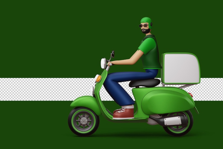 PSD entregador andando de moto com renderização em 3d de caixa de entrega