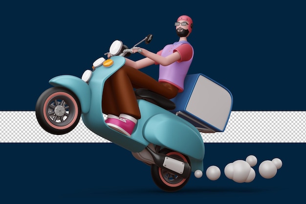 Entregador andando de moto com renderização em 3d de caixa de entrega