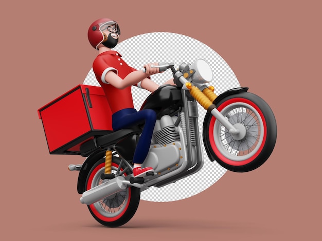 Entregador andando de moto com renderização em 3d de caixa de entrega