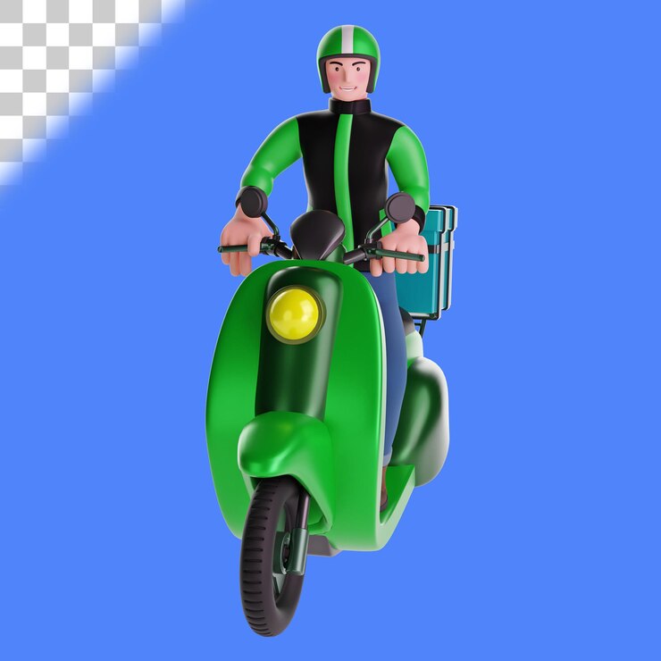 PSD entregador andando de motocicleta com caixa de entrega