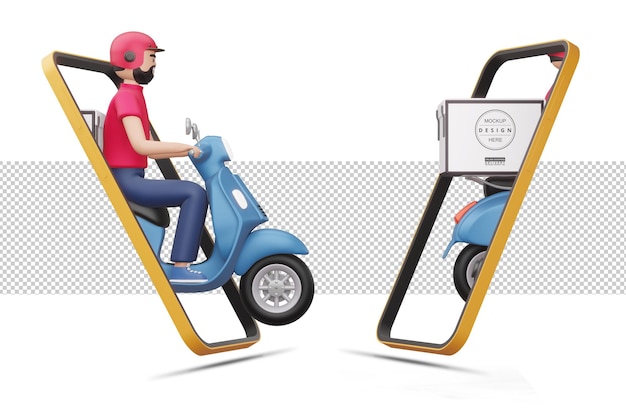 Entregador andando de motocicleta sai do telefone em renderização 3D