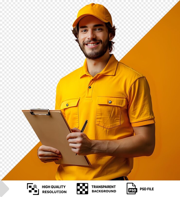 PSD entregador com caderno em fundo laranja