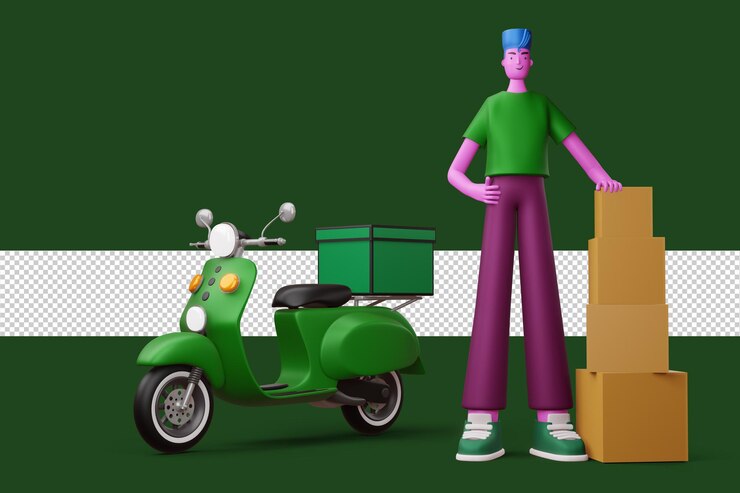 PSD entregador com caixa de encomendas e uma motocicleta renderização em 3d