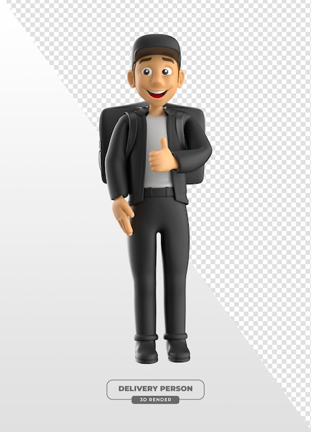 Entregador com mochila levantando o polegar em 3D com fundo transparente