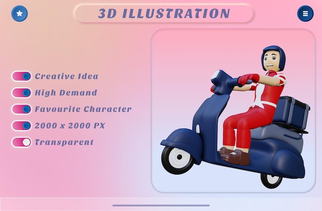 Entregador de renderização 3d andando de moto