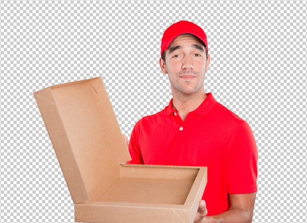 Entregador feliz entregando um pacote