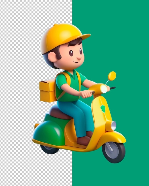 Entregador fofo PSD em um desenho animado 3D de scooter