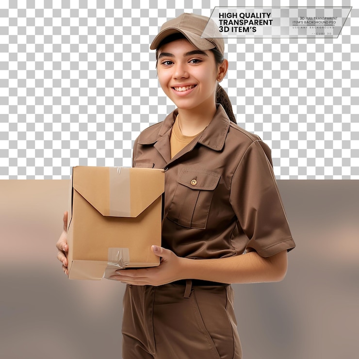 PSD entregador realista um entregador com um sorriso amigável em fundo transparente