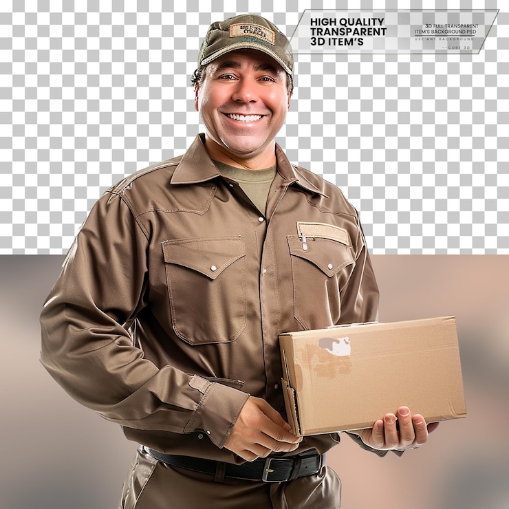 PSD entregador realista um entregador com um sorriso amigável em fundo transparente