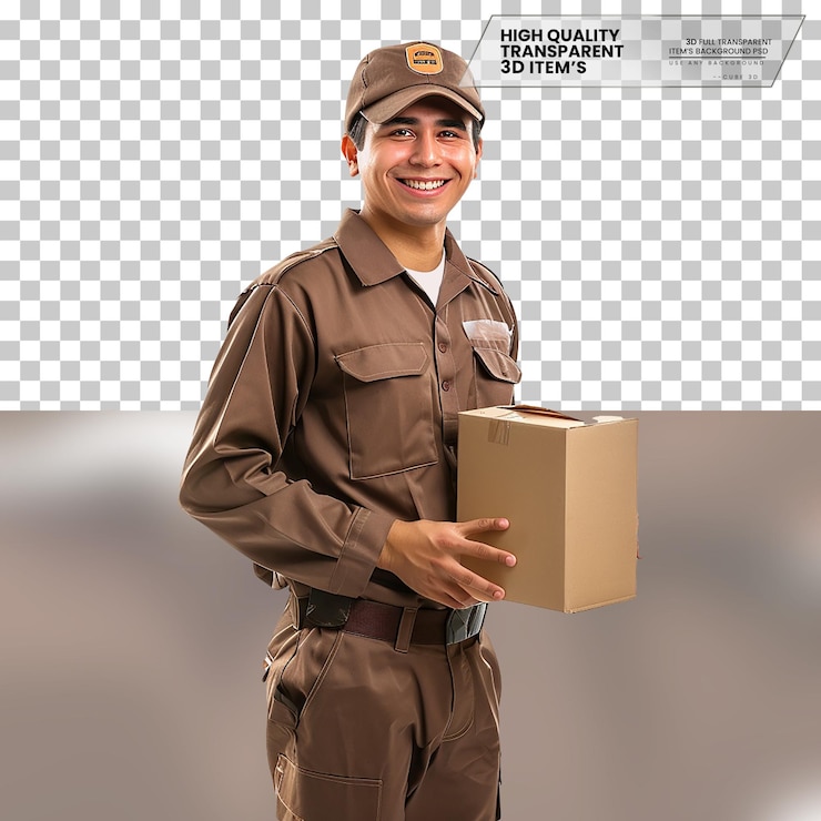 PSD entregador realista um entregador com um sorriso amigável em fundo transparente
