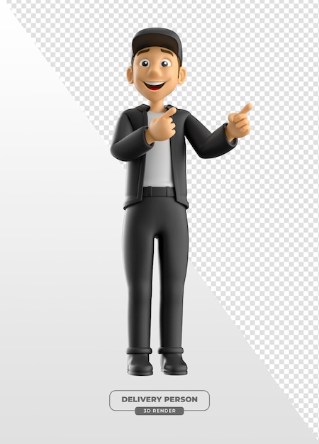 Entregador sorridente apontando em 3D Render com fundo transparente