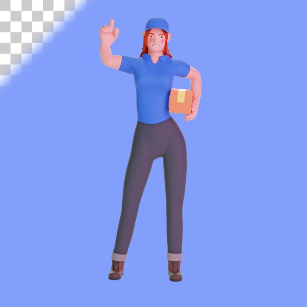 Entregadora apontando o gesto com a mão de uniforme e segurando um pacote de papelão ilustração 3d