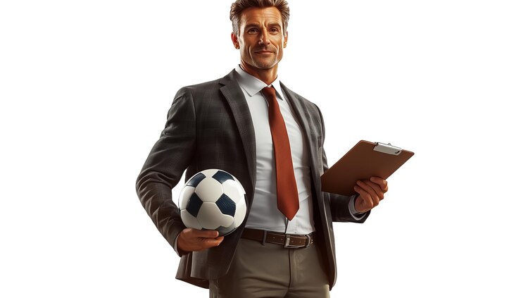 PSD el entrenador de fútbol de un hombre de negocios con confianza sostiene el clipboard y la pelota