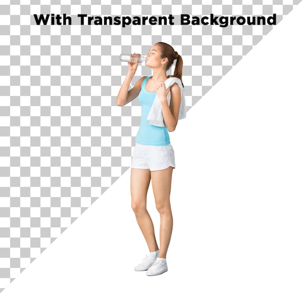 Entrenadora de fitness inteligente para mujeres, agua potable, toma completa, fondo transparente aislado