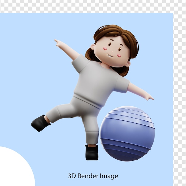 Entrenamiento de mujer de renderizado 3d con pelota de yoga