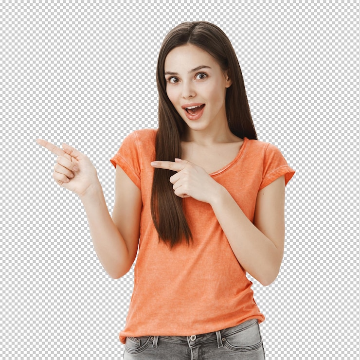 PSD entusiasta hermosa chica morena señalando dedos a la izquierda mostrando impresionante promoción invitando a tomar un vistazo a la demostración de la pancarta