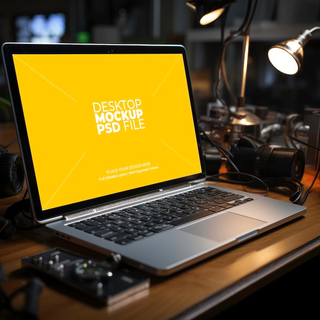 Entwerfen Sie ein elegantes Laptop-Modell mit einem auffälligen Firmenlogo, einer faszinierenden Bildschirmgrafik und einem Profi
