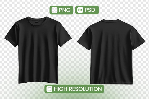 Entwerfen Sie Ihre benutzerdefinierten T-Shirt HighResolution PNG PSD Mockups für perfekte Bekleidungsvisualisierung, die Front- und Rückansichten mit vielseitigen Designoptionen und einfacher Anpassung für kreative Projekte präsentiert