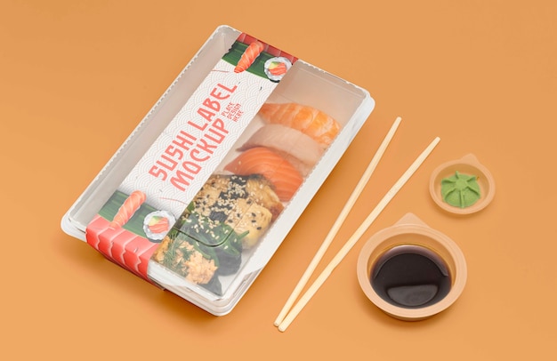 Envasado de comida asiática de plástico con maqueta de etiqueta de sushi