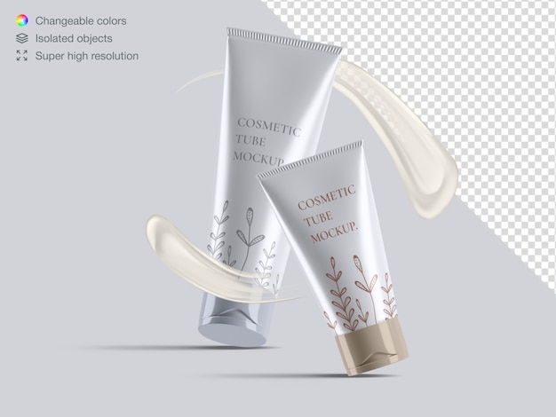 PSD envasado de tubos de crema cosmética flotante brillante realista con maqueta de trazos de crema