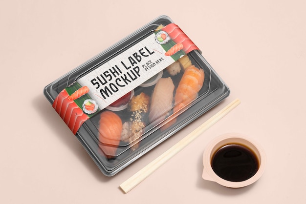 Envases de plástico para alimentos con maqueta de etiqueta de sushi.