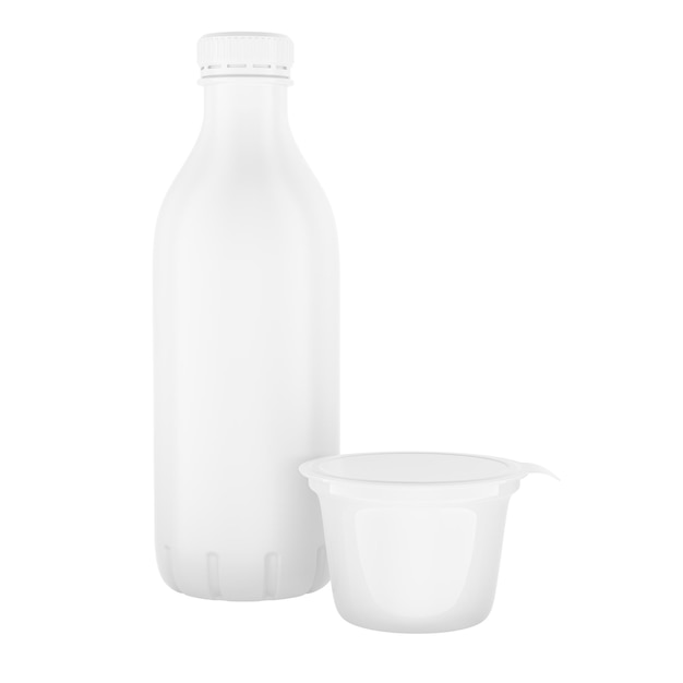 Envases de productos lácteos, botellas de leche y yogur en 3D aislados sobre un fondo transparente