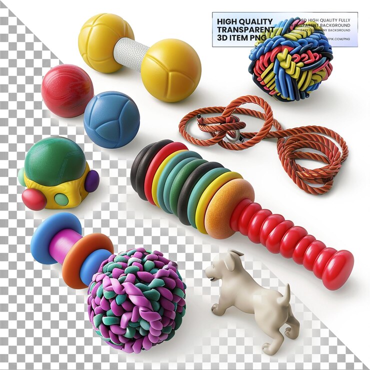 PSD envases variados de juguetes para mascotas, incluidas bolas sobre fondo transparente