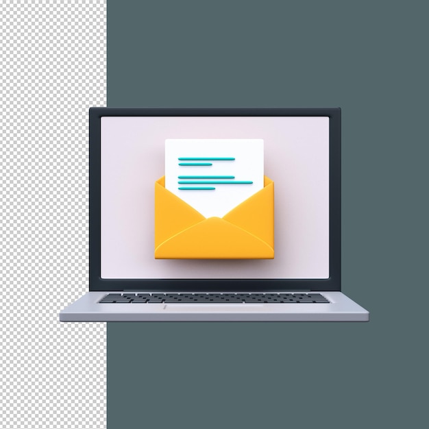 PSD envelope com um documento na tela de um laptop conceito de e-mail renderização 3d