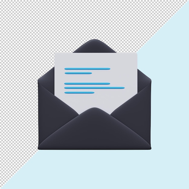Envelope de correio aberto preto 3D com uma carta