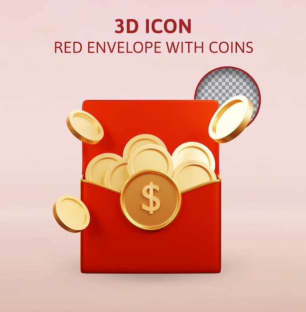 Envelope vermelho com moedas ilustração de renderização 3d