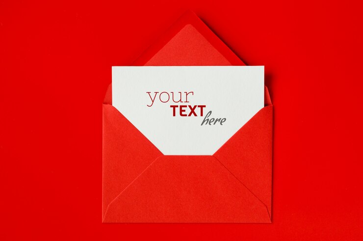 Envelope vermelho com papel branco em branco. Plano de fundo dia dos namorados. Mock-se da carta de amor.