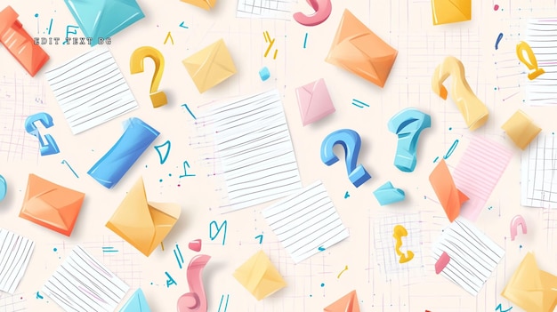 Envelopes coloridos con signos de interrogación y papeles flotan sobre un fondo claro