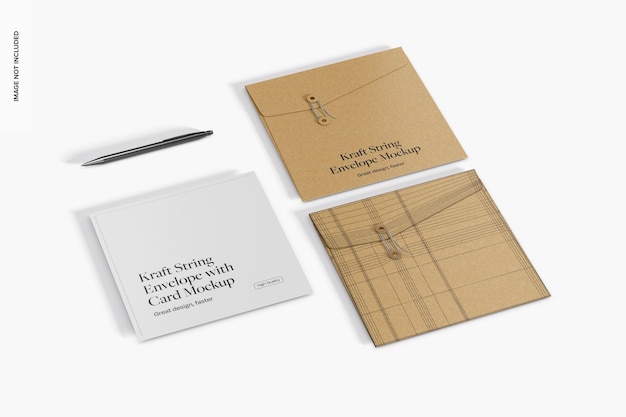 Envelopes de cuerda Kraft con una perspectiva de maqueta de tarjeta