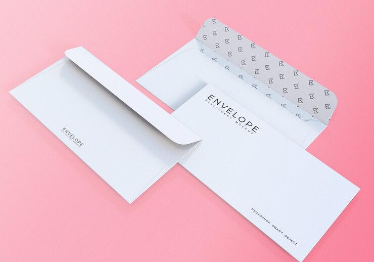 PSD enveloppe de bureau blanc propre maquette fond rose