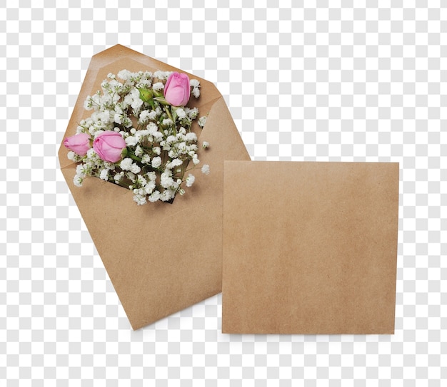 Enveloppe ouverte avec arrangements de fleurs et lieu pour le texte, vue de dessus. Concept de voeux festif