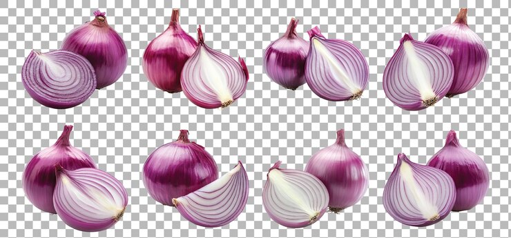 Envelopper un oignon entier à côté d'un oignon coupé en deux sur un fond transparent pour des dessins liés à l'alimentation ou axés sur les ingrédients