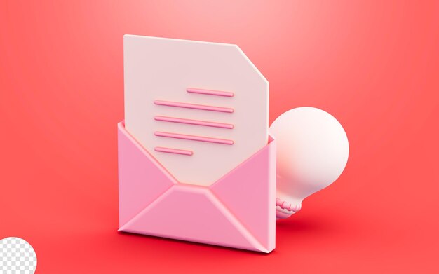 PSD envelopper avec signe ampoule 3d illustration concept pour idée créative mail lettre