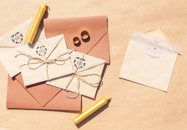 Enveloppes En Papier Brun Avec Des Invitations De Mariage Et Des Bougies