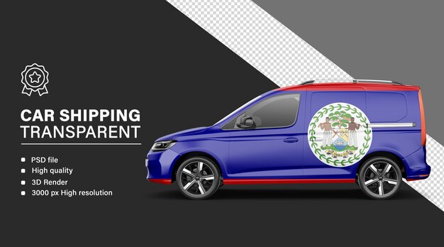 Envío de automóviles en 3D con la bandera de Belice aislada en un fondo transparente
