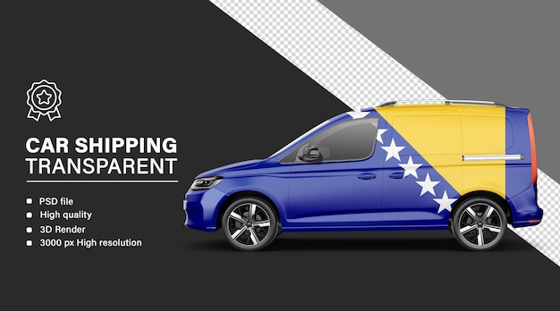 Envío de automóviles en 3D con la bandera de Bosnia y Herzegovina aislada sobre un fondo transparente
