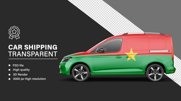 Envío de automóviles en 3D con la bandera de Burkina Faso aislada en un fondo transparente