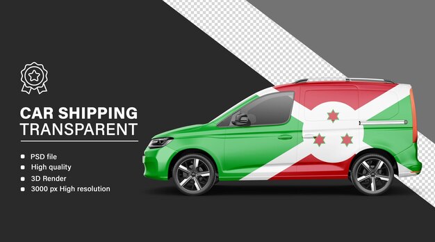 Envío de automóviles en 3D con la bandera de Burundi aislada en un fondo transparente