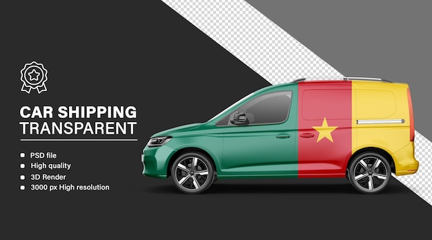 Envío de automóviles en 3D con bandera de Camerún aislada en un fondo transparente