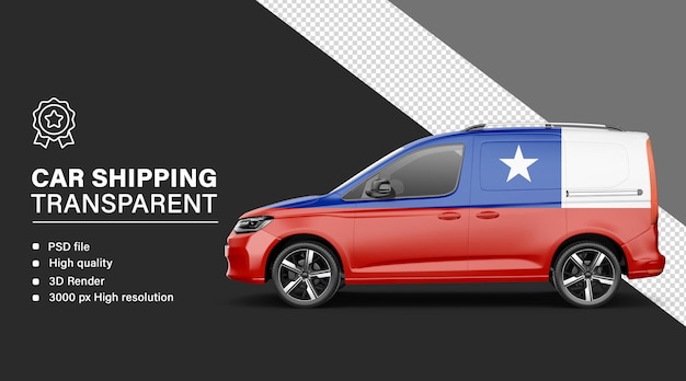 Envío de automóviles en 3D con bandera de Chile aislada en un fondo transparente