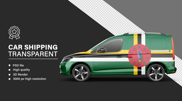 Envío de automóviles en 3D con bandera de Dominica aislada en un fondo transparente