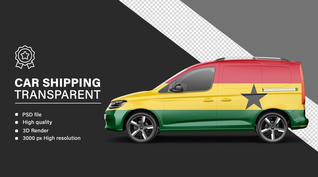 Envío de automóviles en 3D con la bandera de Ghana aislada en un fondo transparente