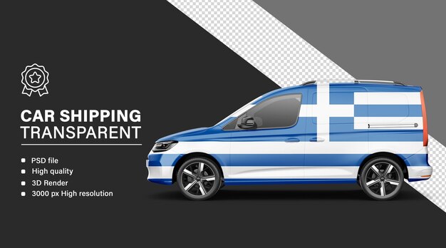 Envío de automóviles en 3D con la bandera de Grecia aislada sobre un fondo transparente
